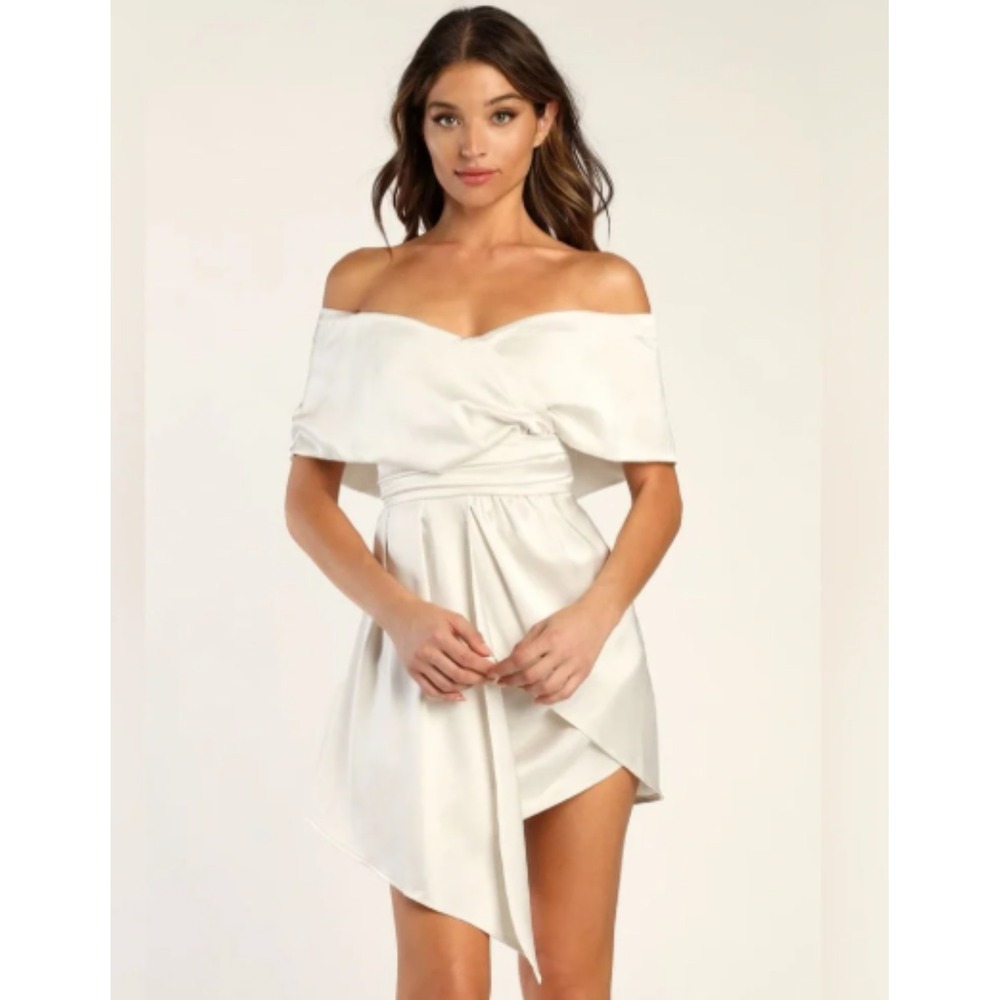 Lulus Always‎ Celebrating Ivory Satin Off-the-Shoulder Mini Dress XS NEW